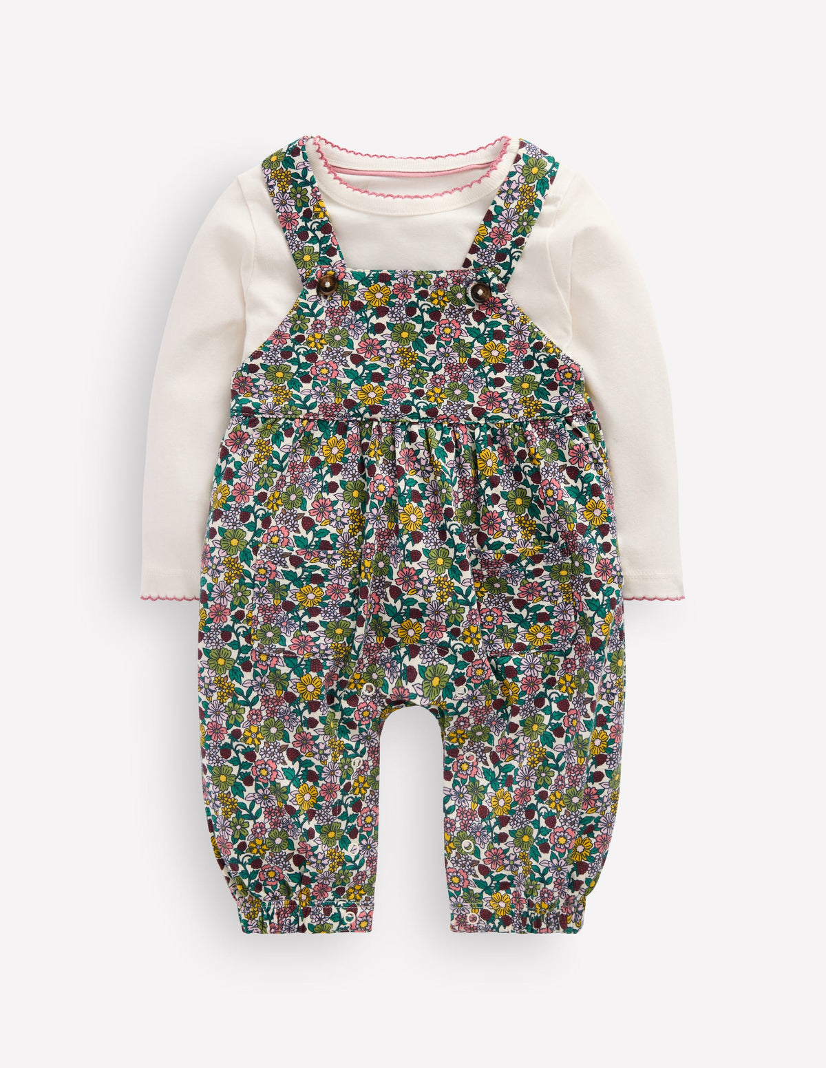 Latzhosen-Set aus Jersey-Himbeer Bunt Blumenmuster-1