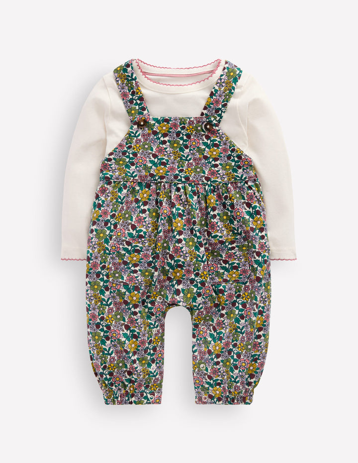 Ensemble avec salopette en jersey-Motif floral multi framboise