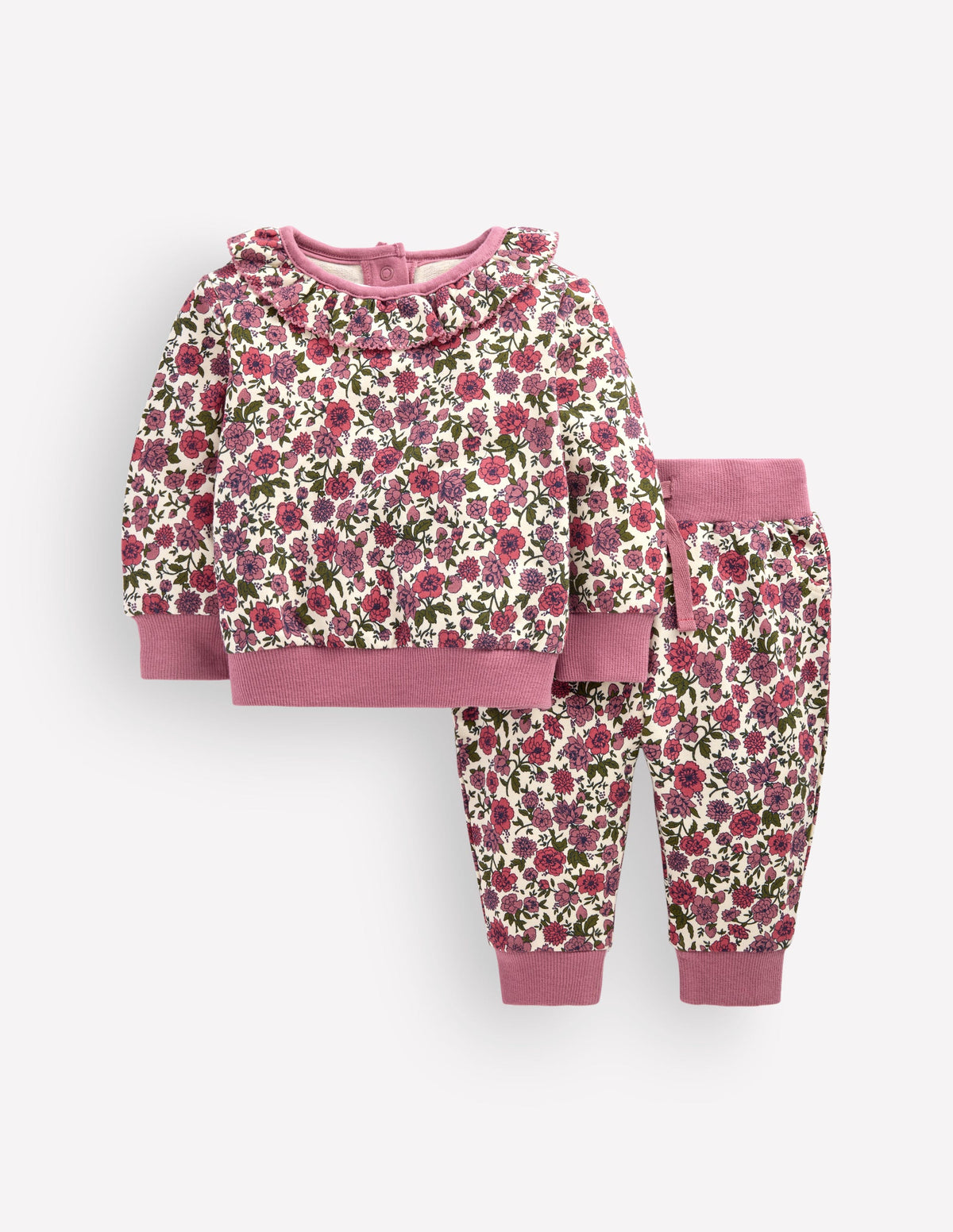 Sweatshirt-Set mit Rüschenausschnitt-Vintage-Rosa Blumenbeet-1