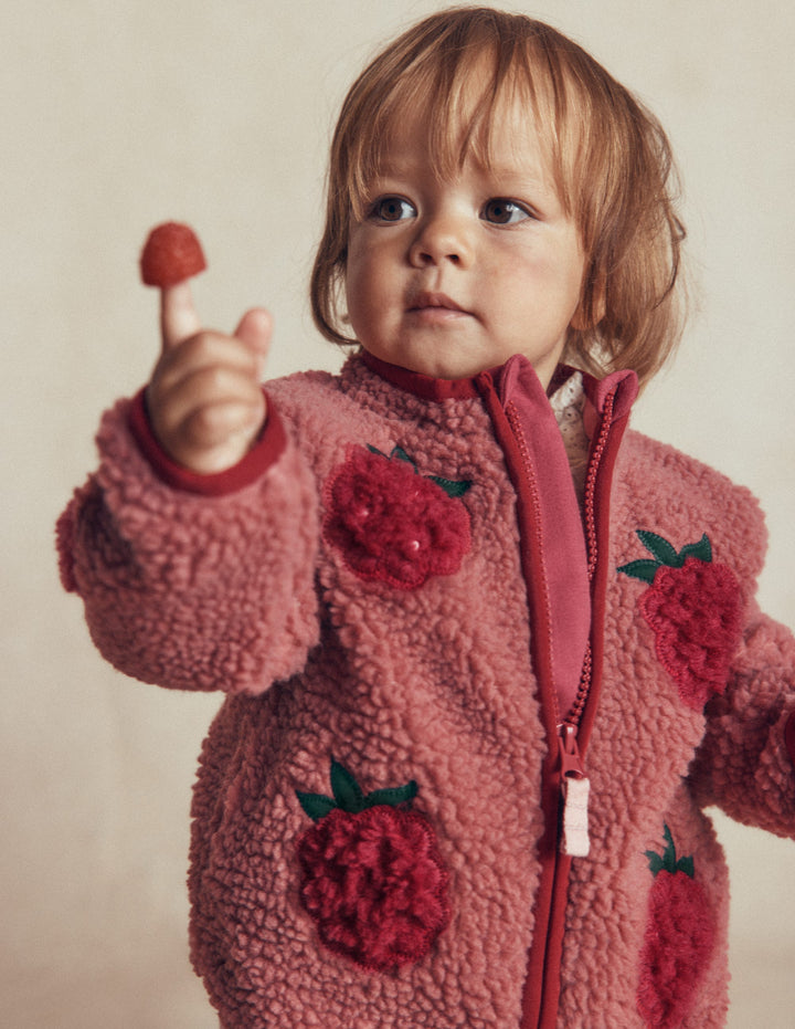 Kuschelige Teddyfell-Jacke-Rosa Brombeer-Applikation