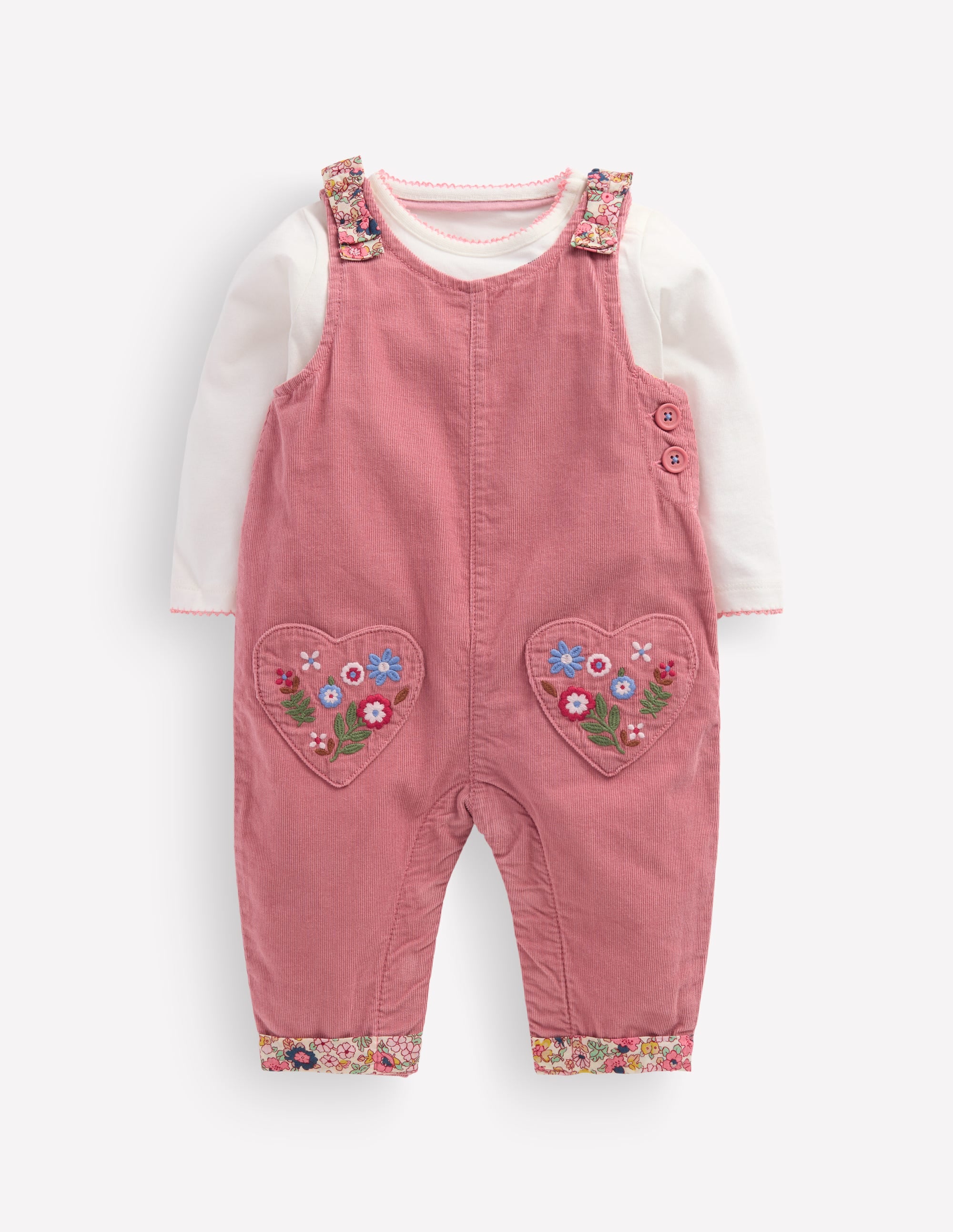 Ensemble avec salopette tissée-Broderie florale rose formica - Image 1