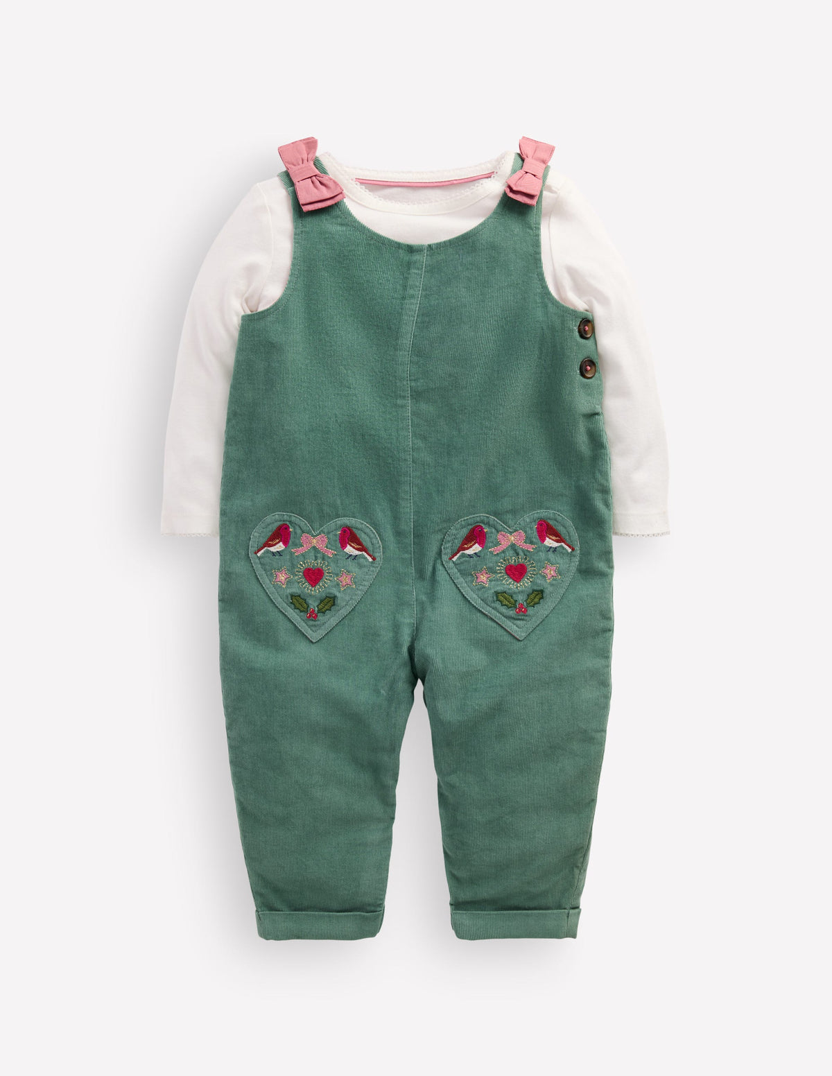 Ensemble avec salopette tissée-Broderie festive vert mélèze - Image 1