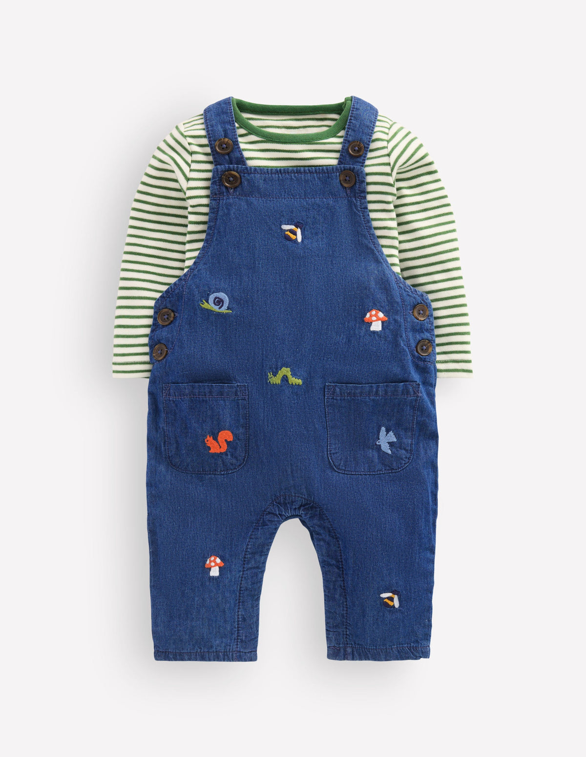 Woven Dungarees Set-Denim Woodland Embroidery-1