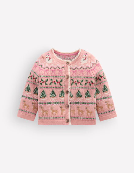 Fair-Isle-Strickjacke-Vintage-Rosa Festlich Fair-Isle-Muster