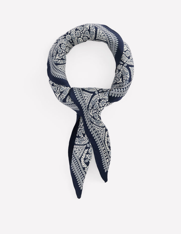Foulard carré Elisabeth en soie-Bleu marine foncé, motif Ornate Gardenia