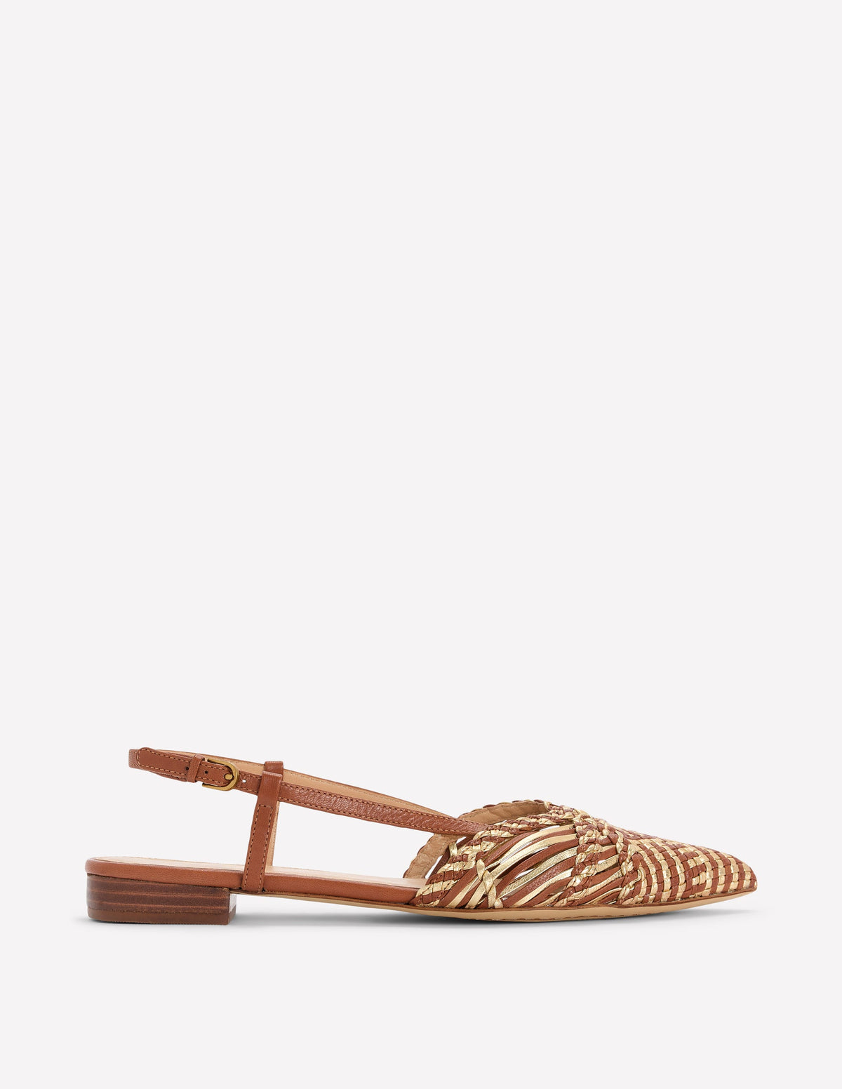 Woven Detail Pointed Flats-Tan/ Gold - Image 1