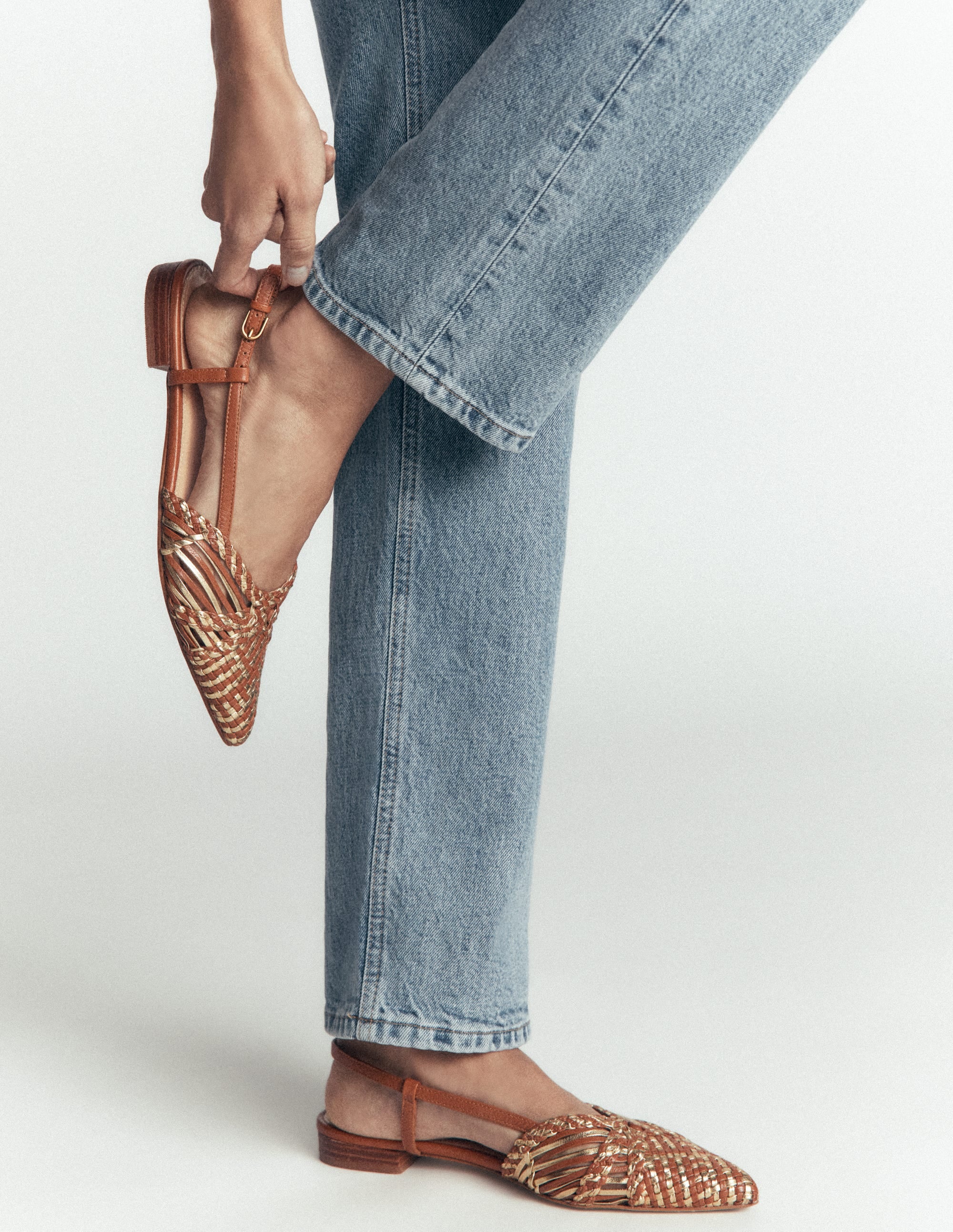 Woven Detail Pointed Flats-Tan/ Gold - Image 2