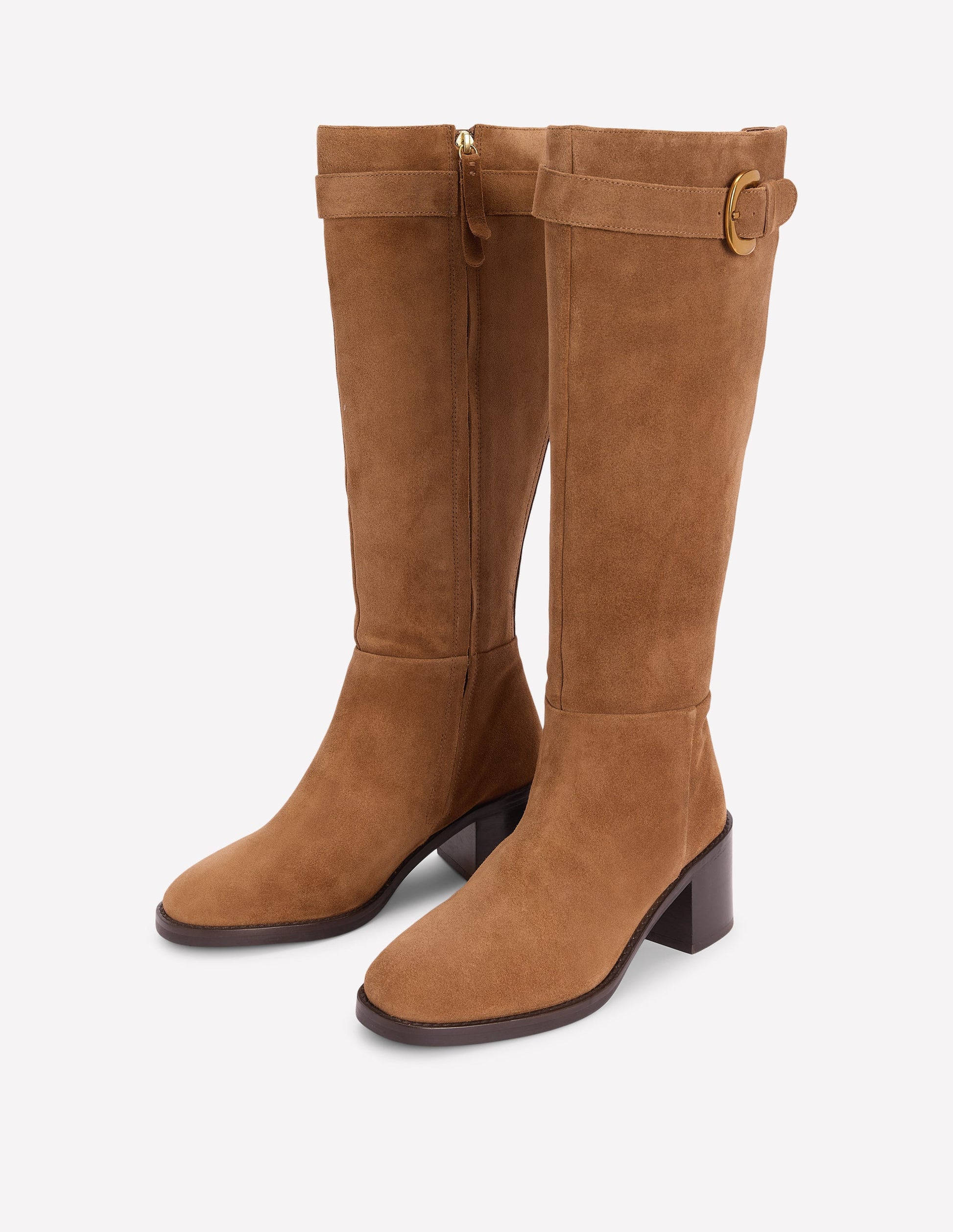 Buckle Detail Knee Boots-Cognac-3