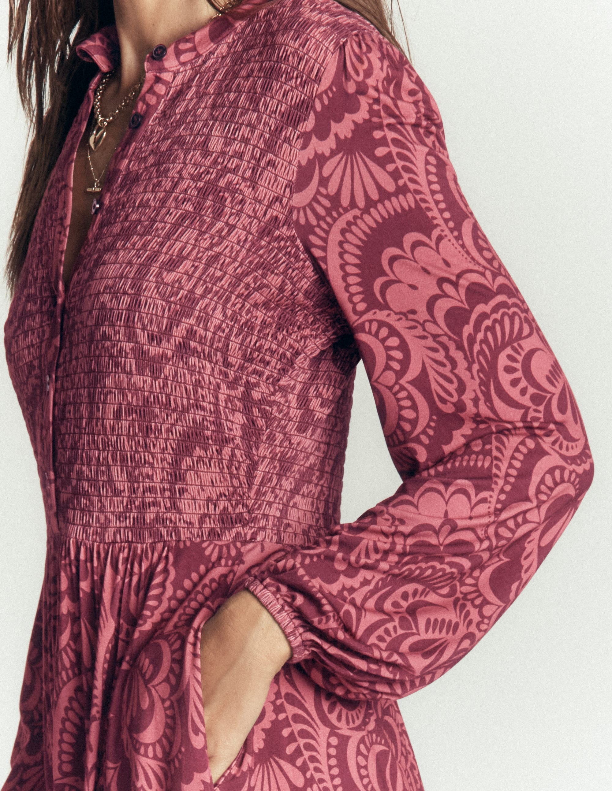 Gesmoktes Jerseykleid-Kastanienbraun, Blühendes Medley - Image 2