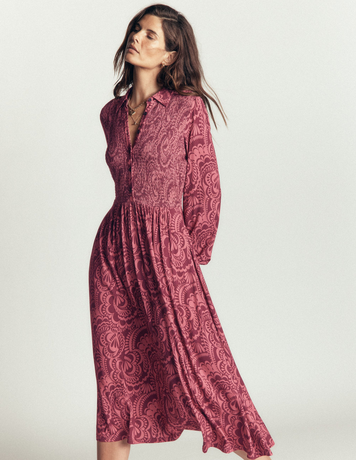 Gesmoktes Jerseykleid-Kastanienbraun, Blühendes Medley - Image 4