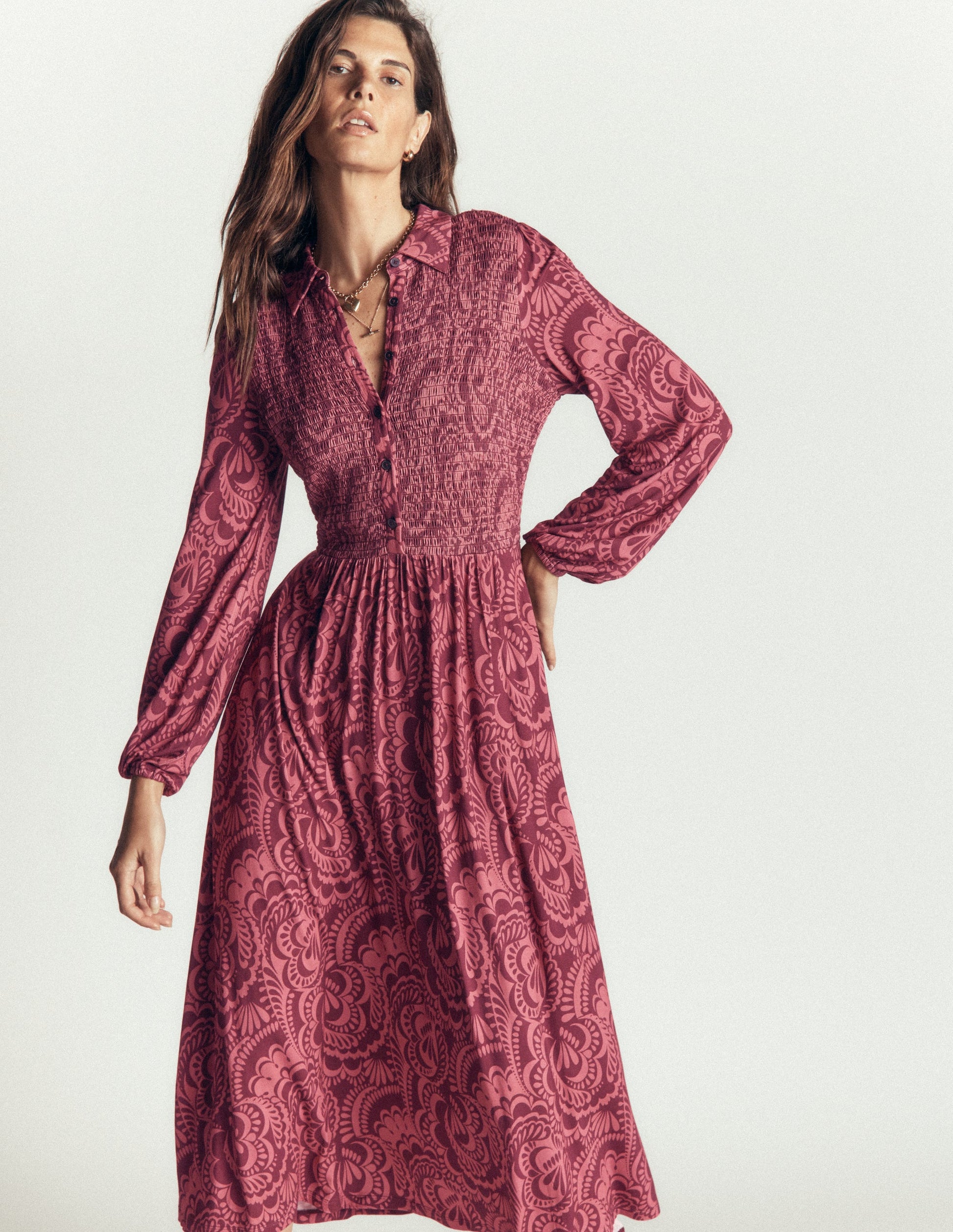 Gesmoktes Jerseykleid-Kastanienbraun, Blühendes Medley-5
