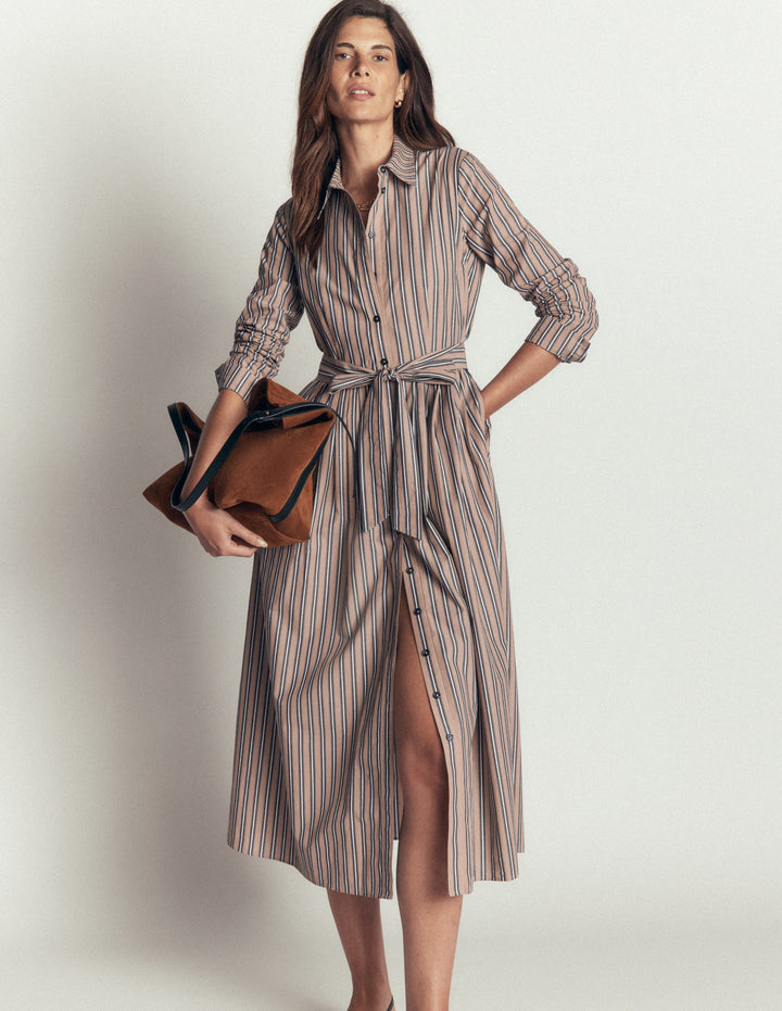 Robe-chemise midi Alexa en coton-Rayé tramway camel, bleu marine