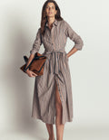 Robe-chemise midi Alexa en coton-Rayé tramway camel, bleu marine