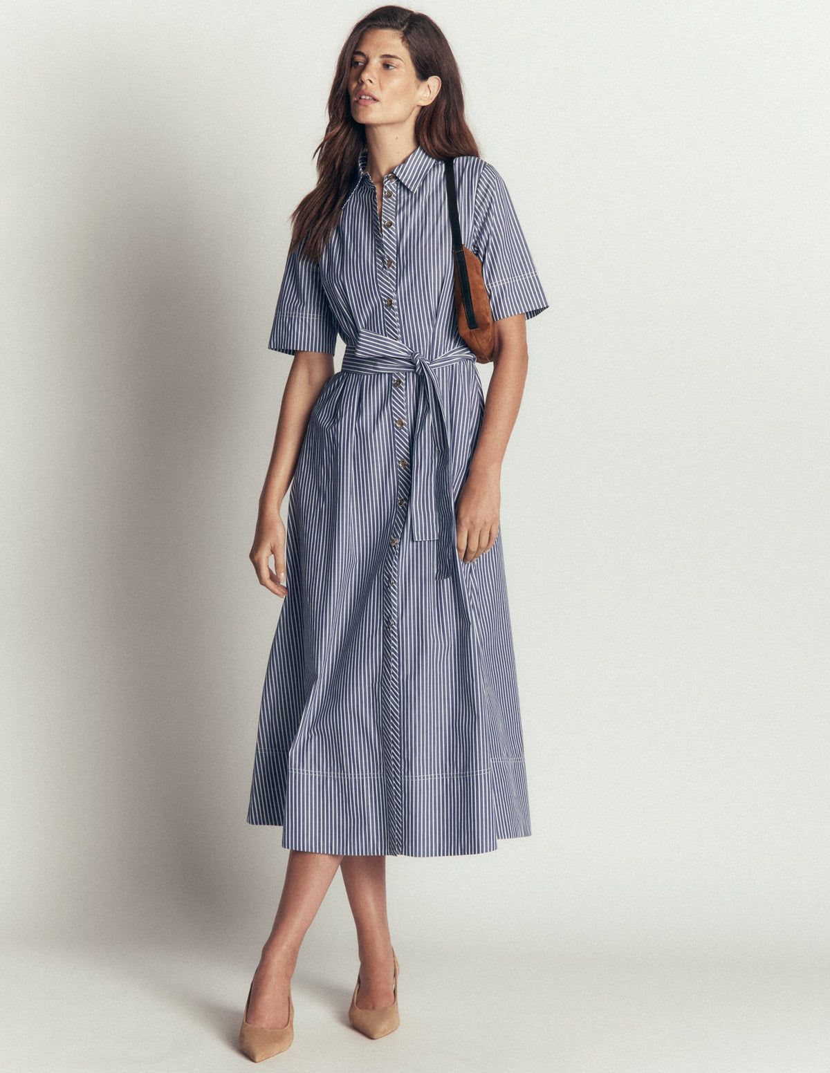 Robe-chemise midi Sarah en coton-Rayé fin bleu marine et ivoire-1