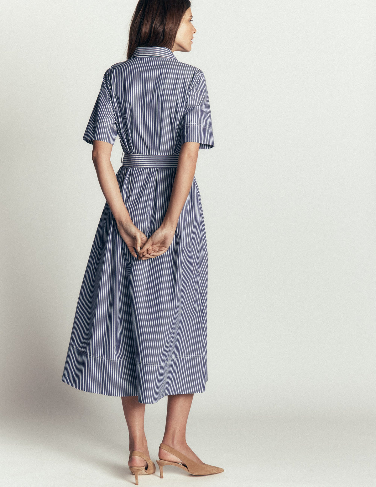 Robe-chemise midi Sarah en coton-Rayé fin bleu marine et ivoire - Image 3