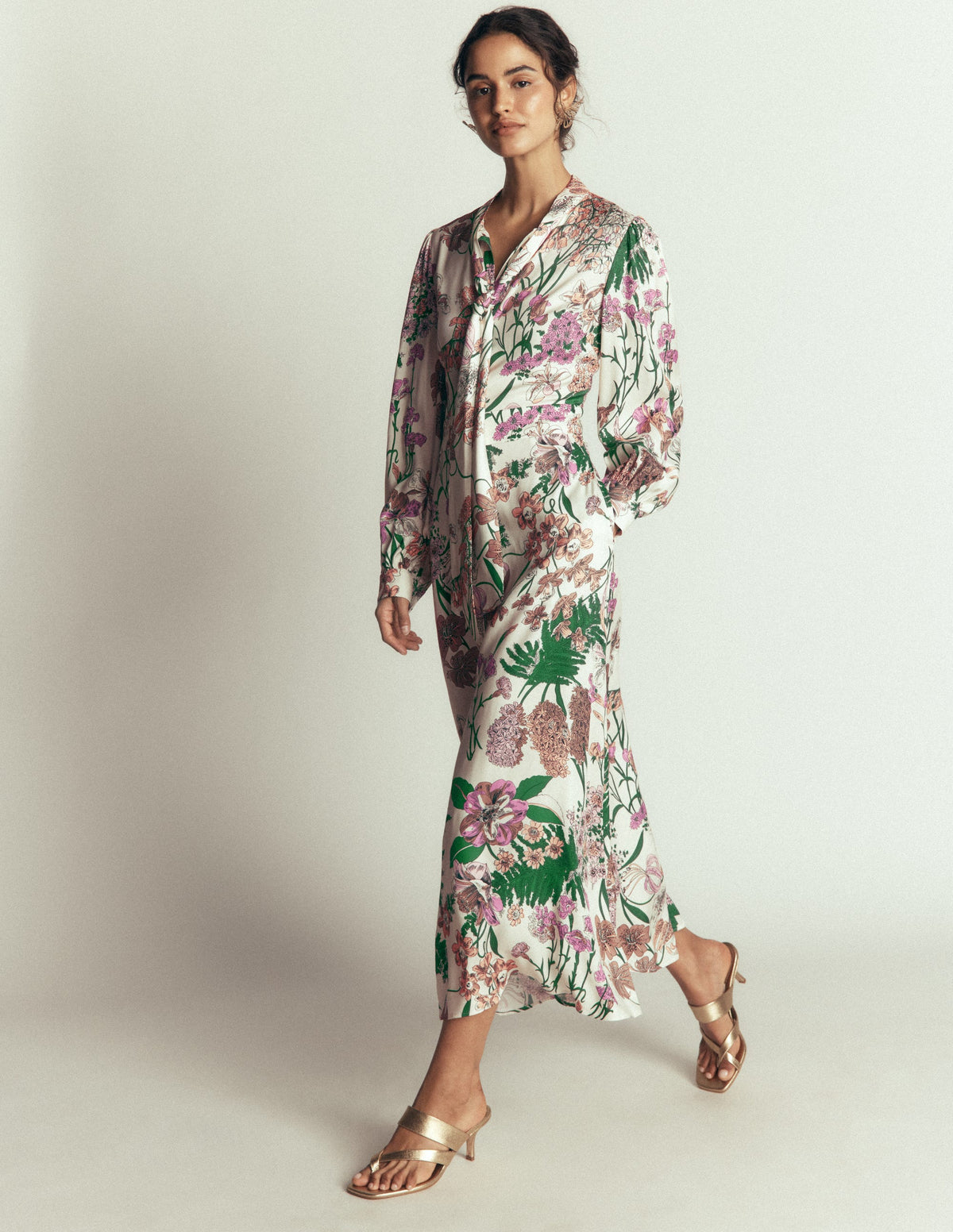 Hemdblusenkleid mit Schleifendetail-Naturweiß, Originelles Blumenmuster-1