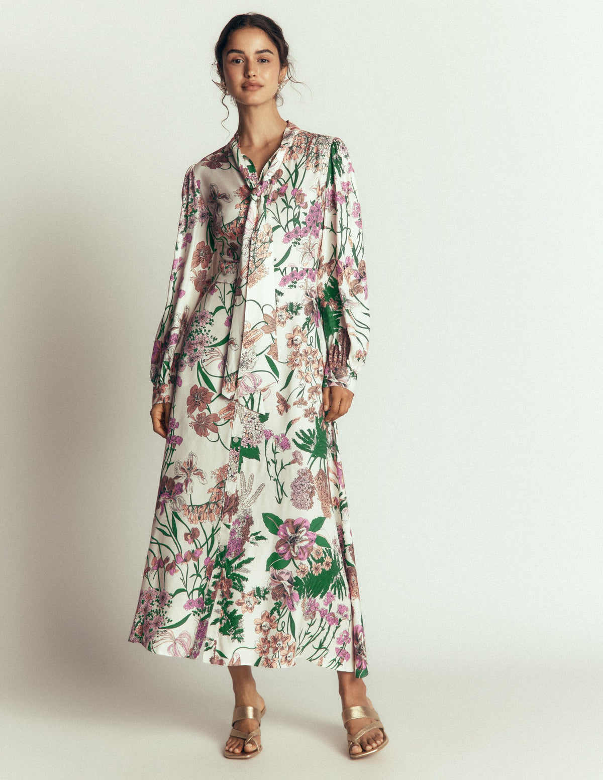 Hemdblusenkleid mit Schleifendetail-Naturweiß, Originelles Blumenmuster-5