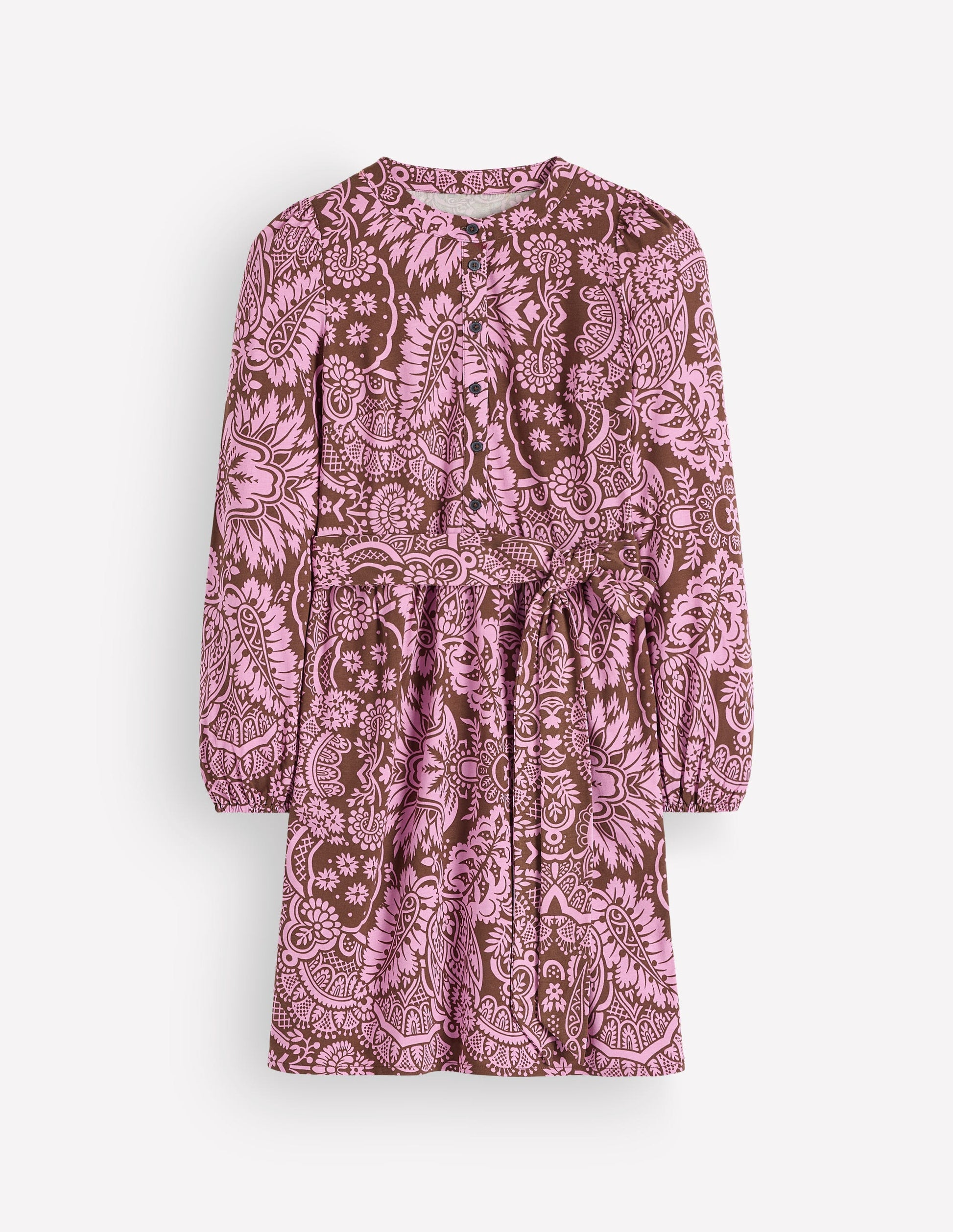 Robe à ceinture Adele en jersey-Terre d’ombre, motif Arabesque Meadows-7