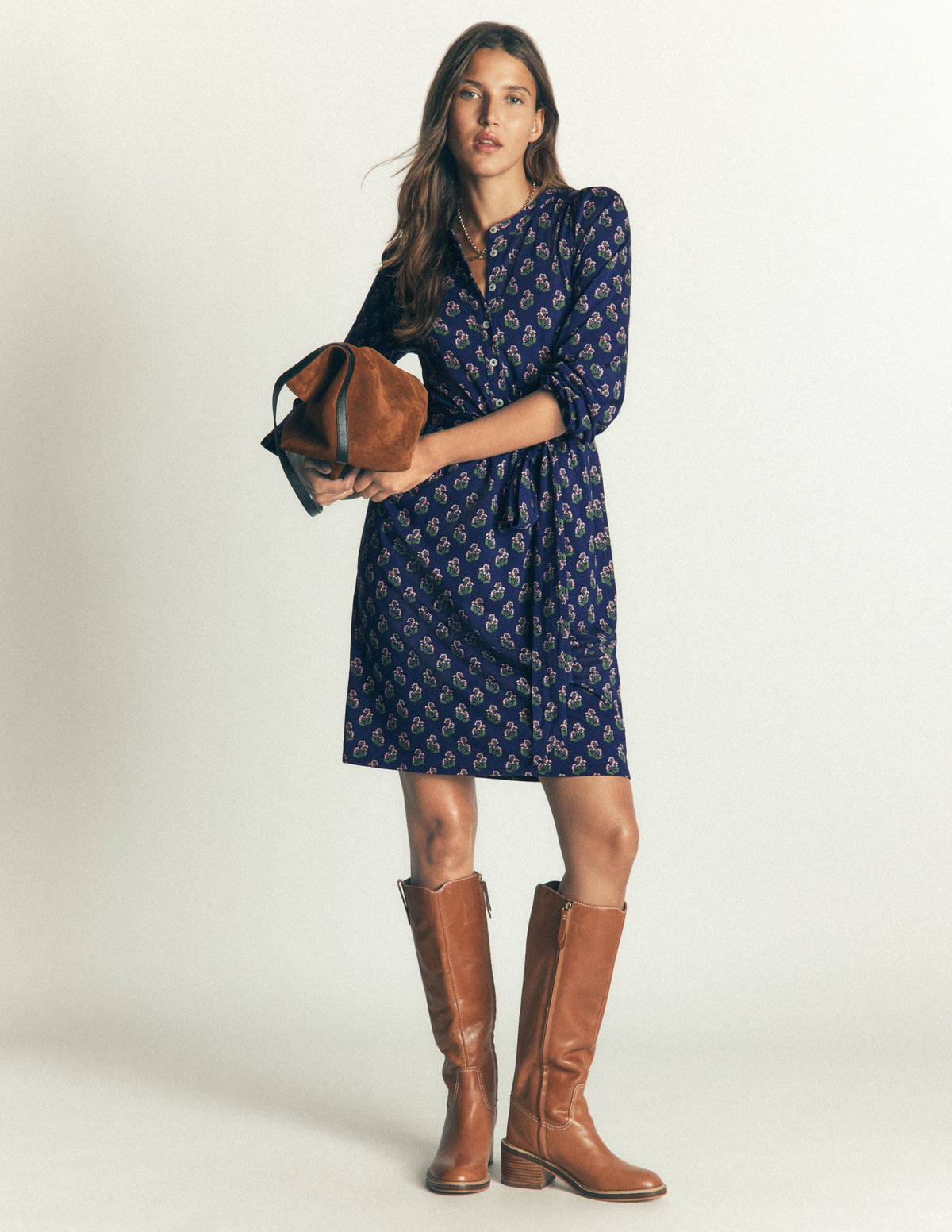 Adele Jerseykleid mit Gürtel-Schuluniform-Marineblau, Kleines Nelkenmuster - Image 5