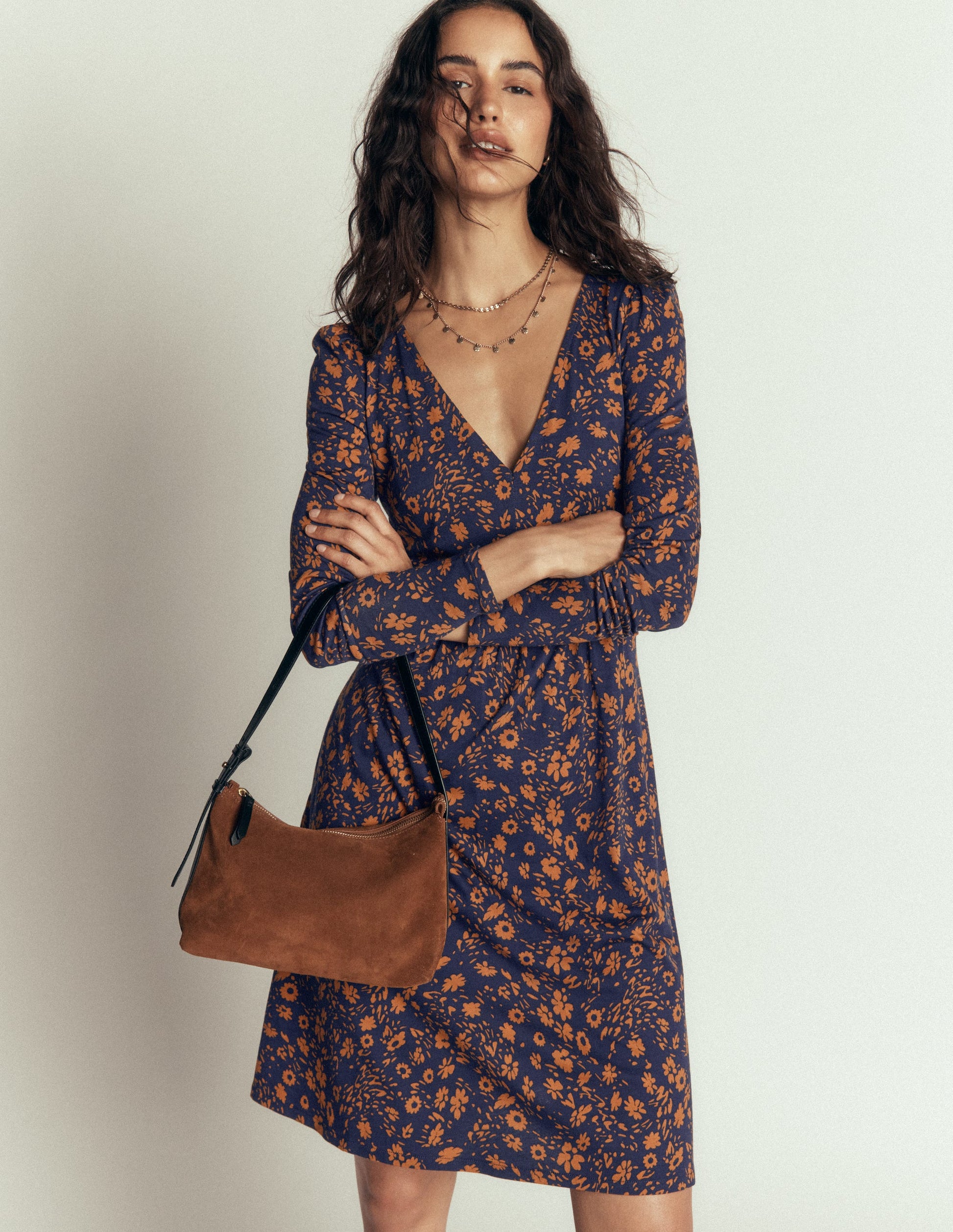 Briony Kurzes Jerseykleid-Französisches Marineblau, Streublumen-1