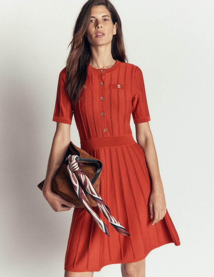Kleid mit Knopfleiste vorn und Ziernaht-Braun-Orange