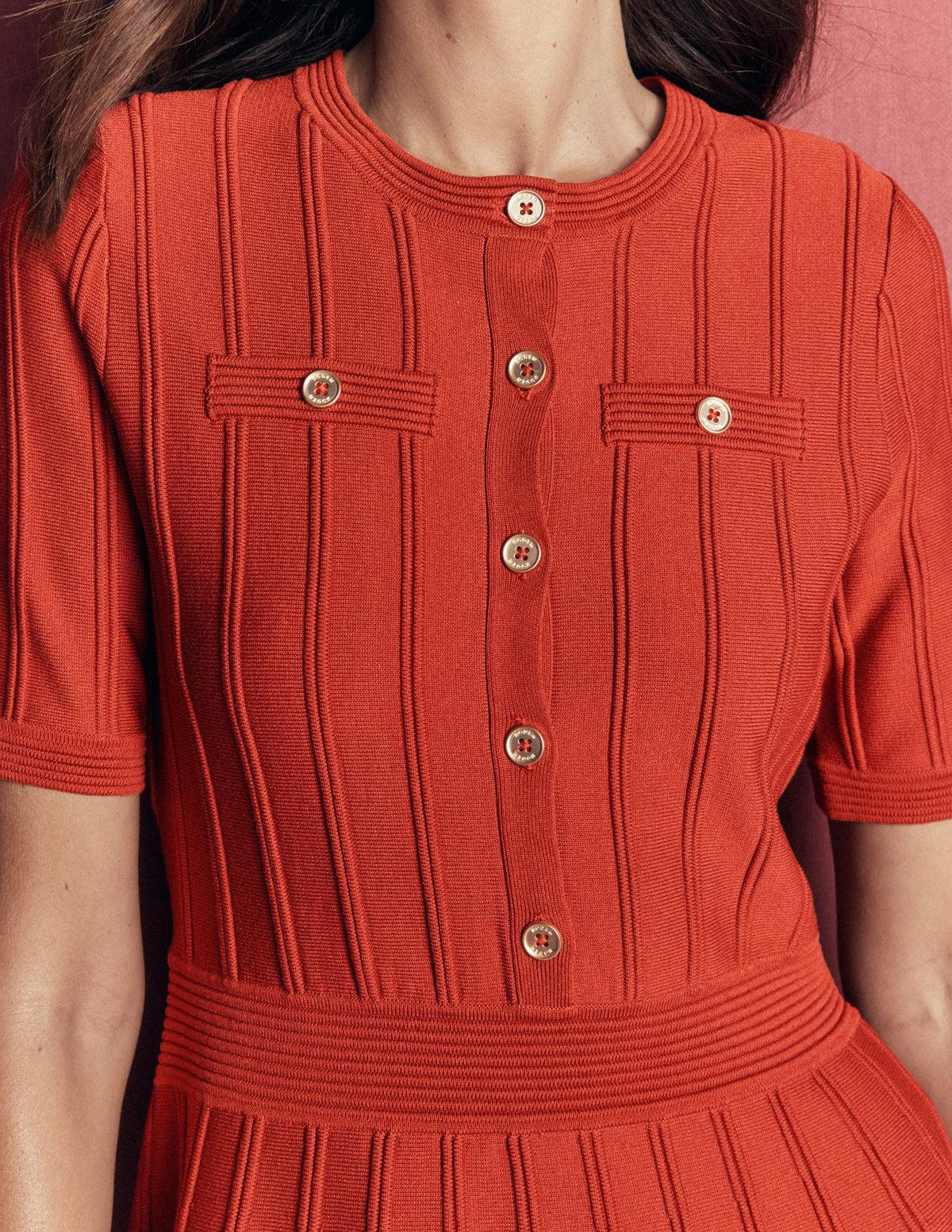 Button Front Stitch Dress-Burnt Orange-2