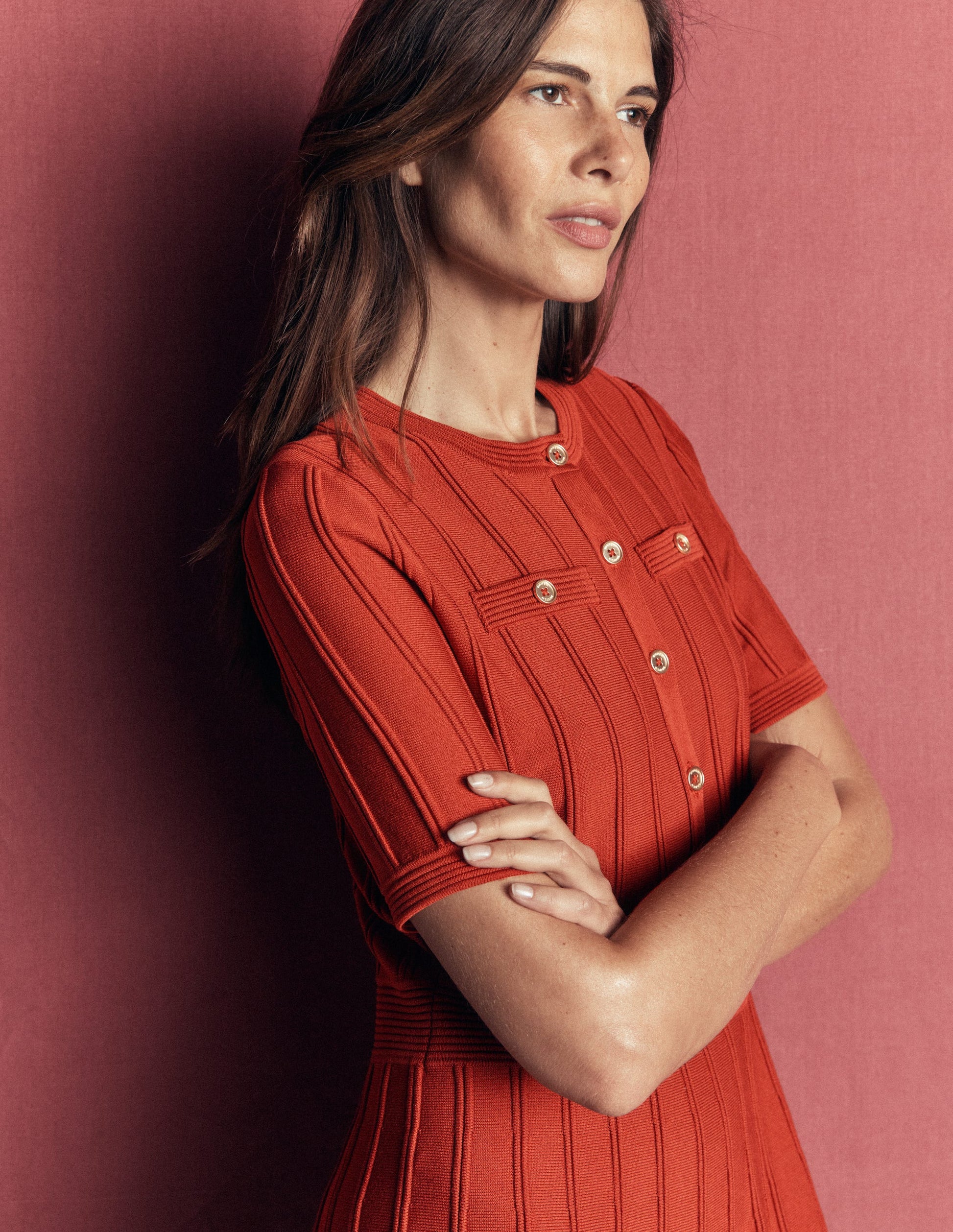 Button Front Stitch Dress-Burnt Orange-5