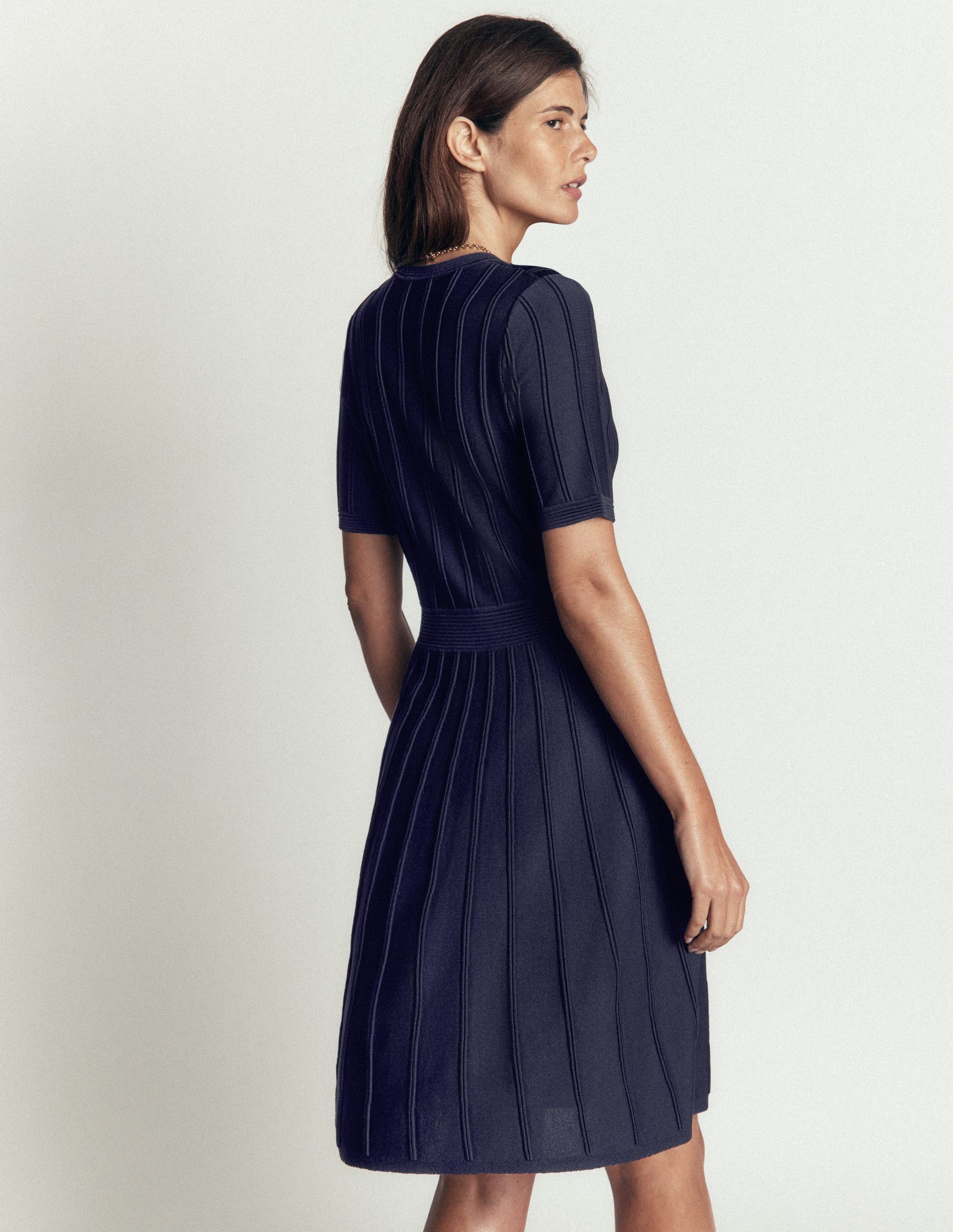 Robe boutonnée sur le devant à surpiqûres-Bleu marine-3