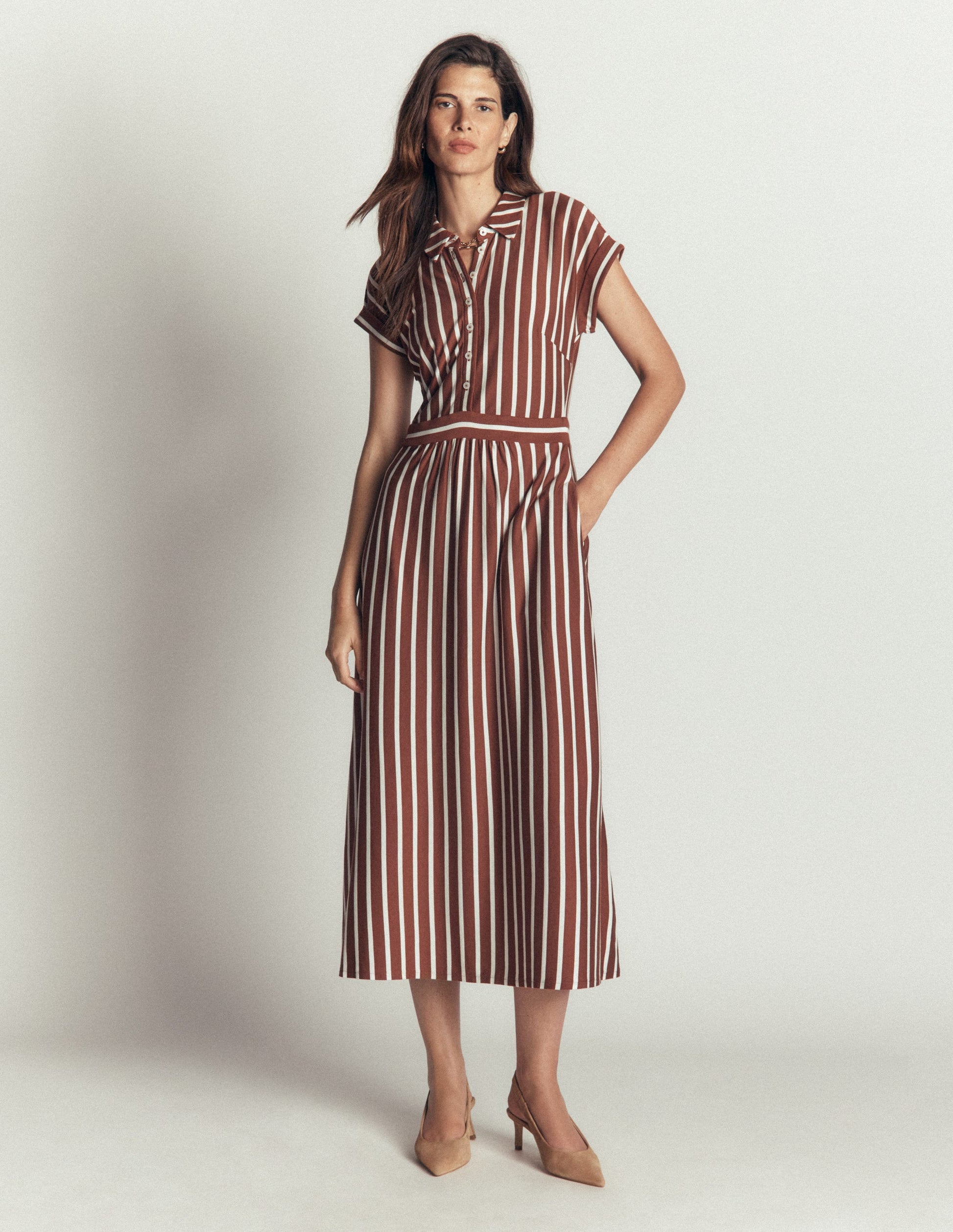 Fae Jersey-Hemdblusenkleid-Braun Streifen-6