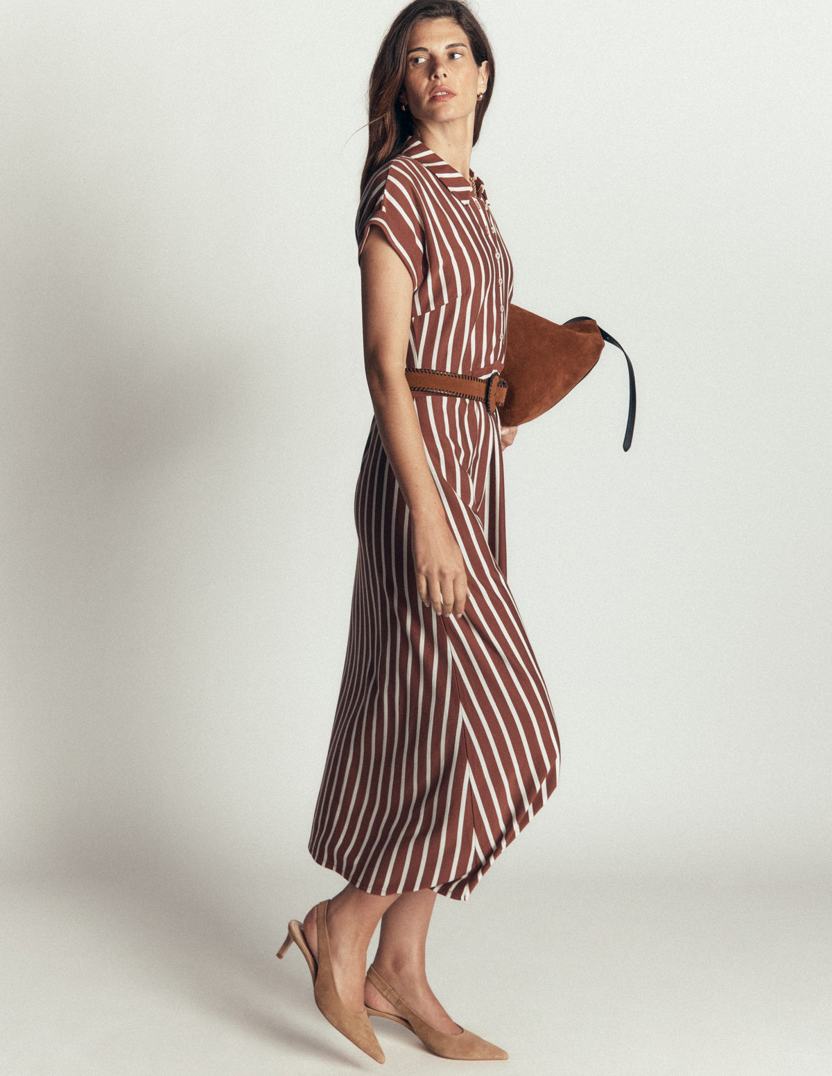 Fae Jersey-Hemdblusenkleid-Braun Streifen - Image 7