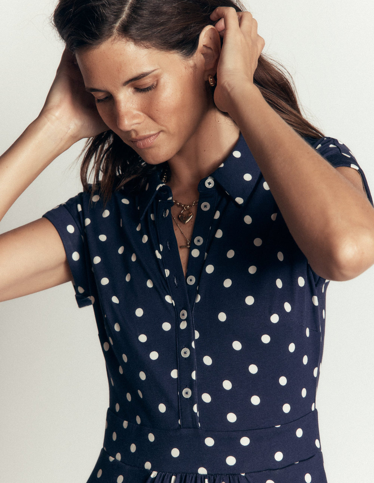 Fae Jersey-Hemdblusenkleid-Französisches Marineblau, Boden-Punkte Verteilt-2