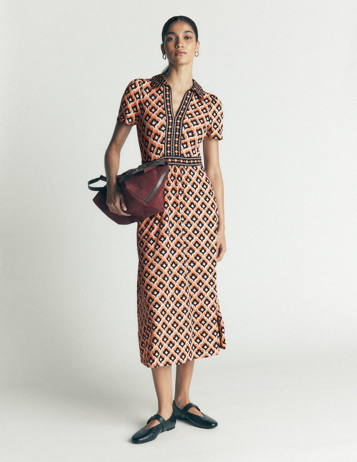 Robe midi style 40s Heidi en jersey-Lait d’amande, motif Geo