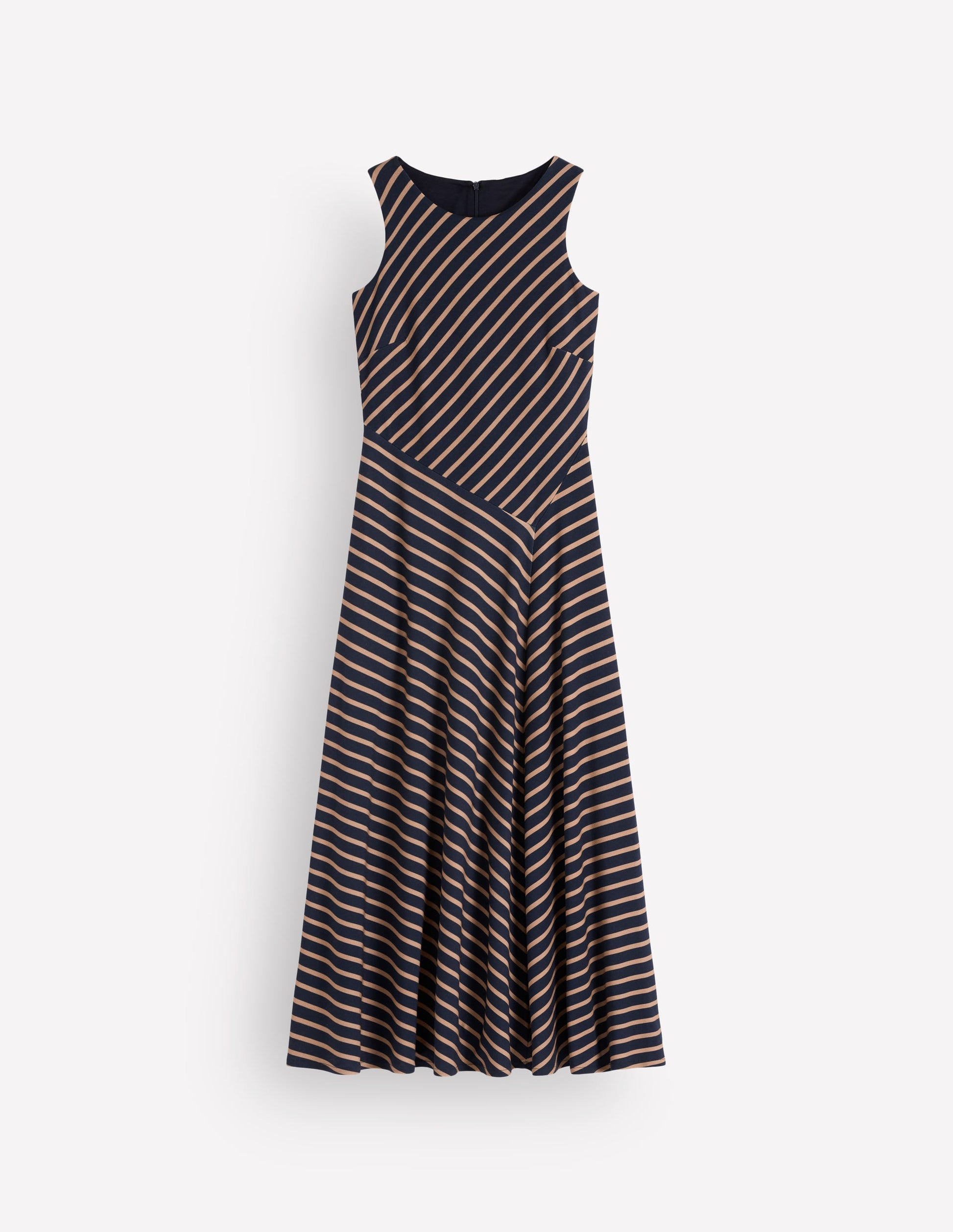 Asymmetrisches Ponte-Midikleid-Marineblau und Camel Streifen-8