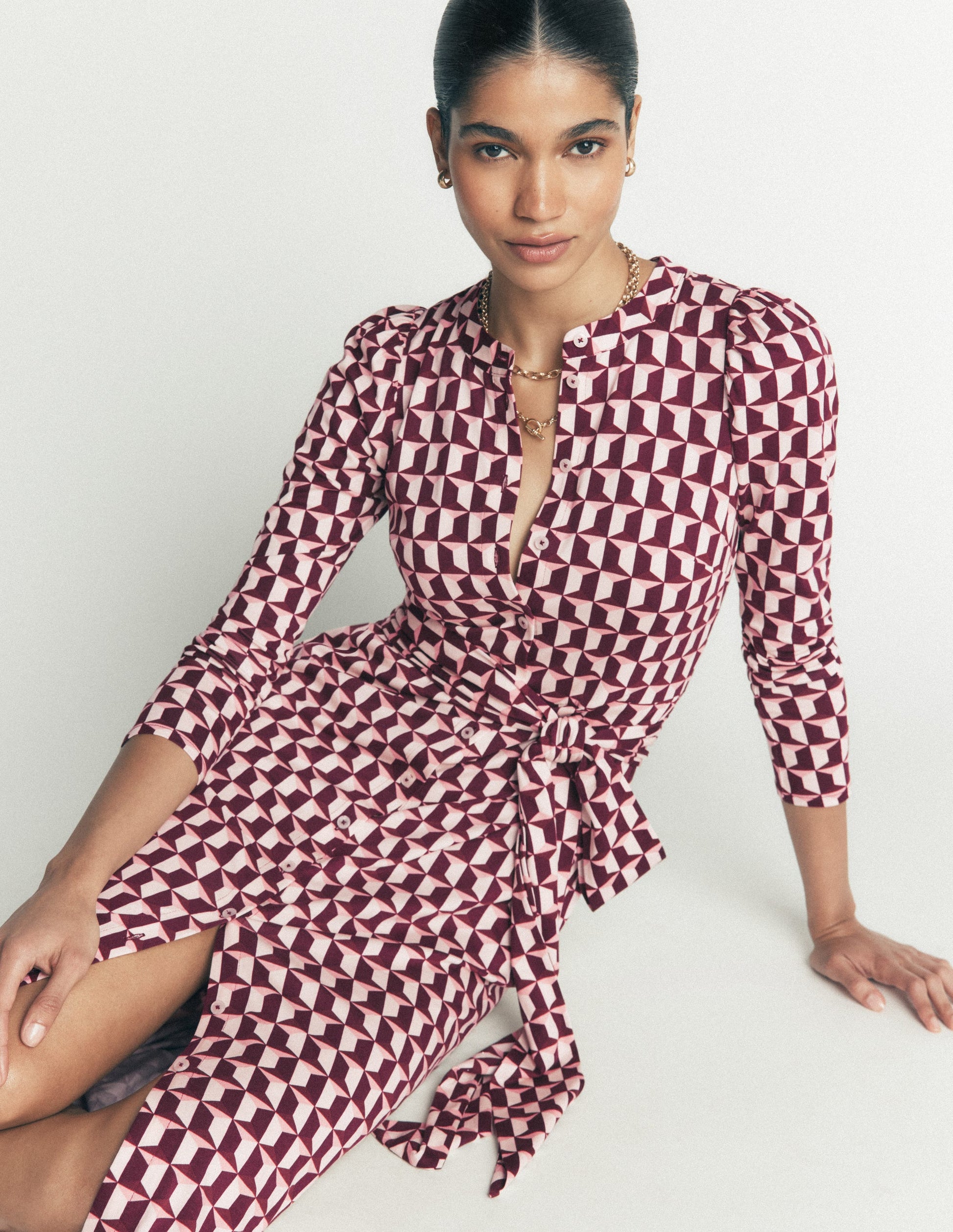 Robe midi colonne Honor en jersey-Glycine profond, motif Blocked Geo-3