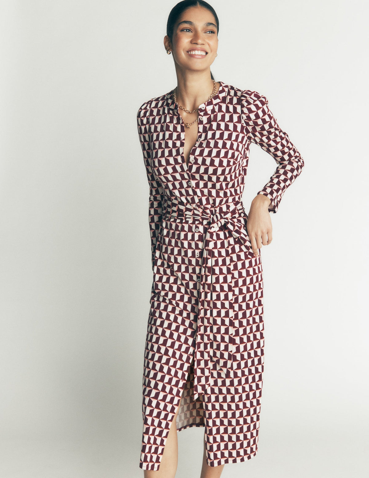 Robe midi colonne Honor en jersey-Glycine profond, motif Blocked Geo-2