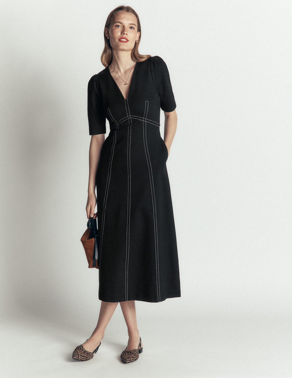 Ponte-Midikleid mit Puffärmeln-Schwarz-1