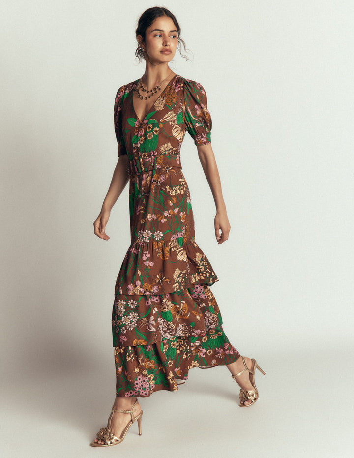 Robe à col V et volants superposés-Bois, motif Whimsical Flora