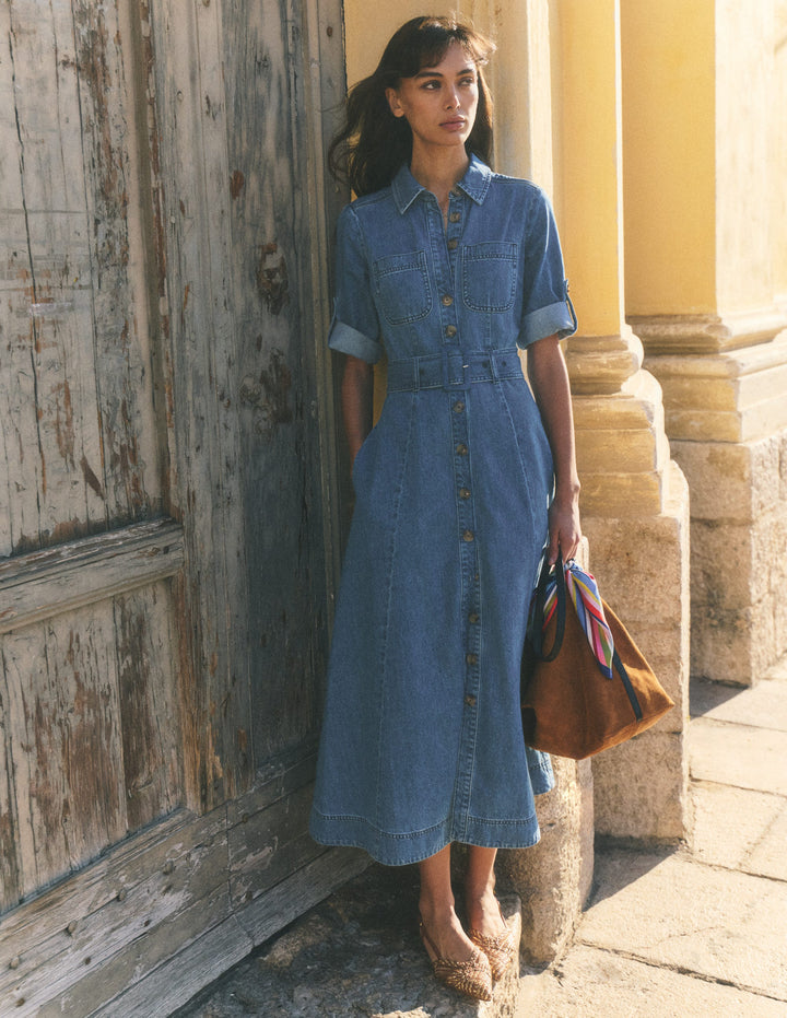 Midi-Hemdblusenkleid aus Denim-Ausgeblichene Optik