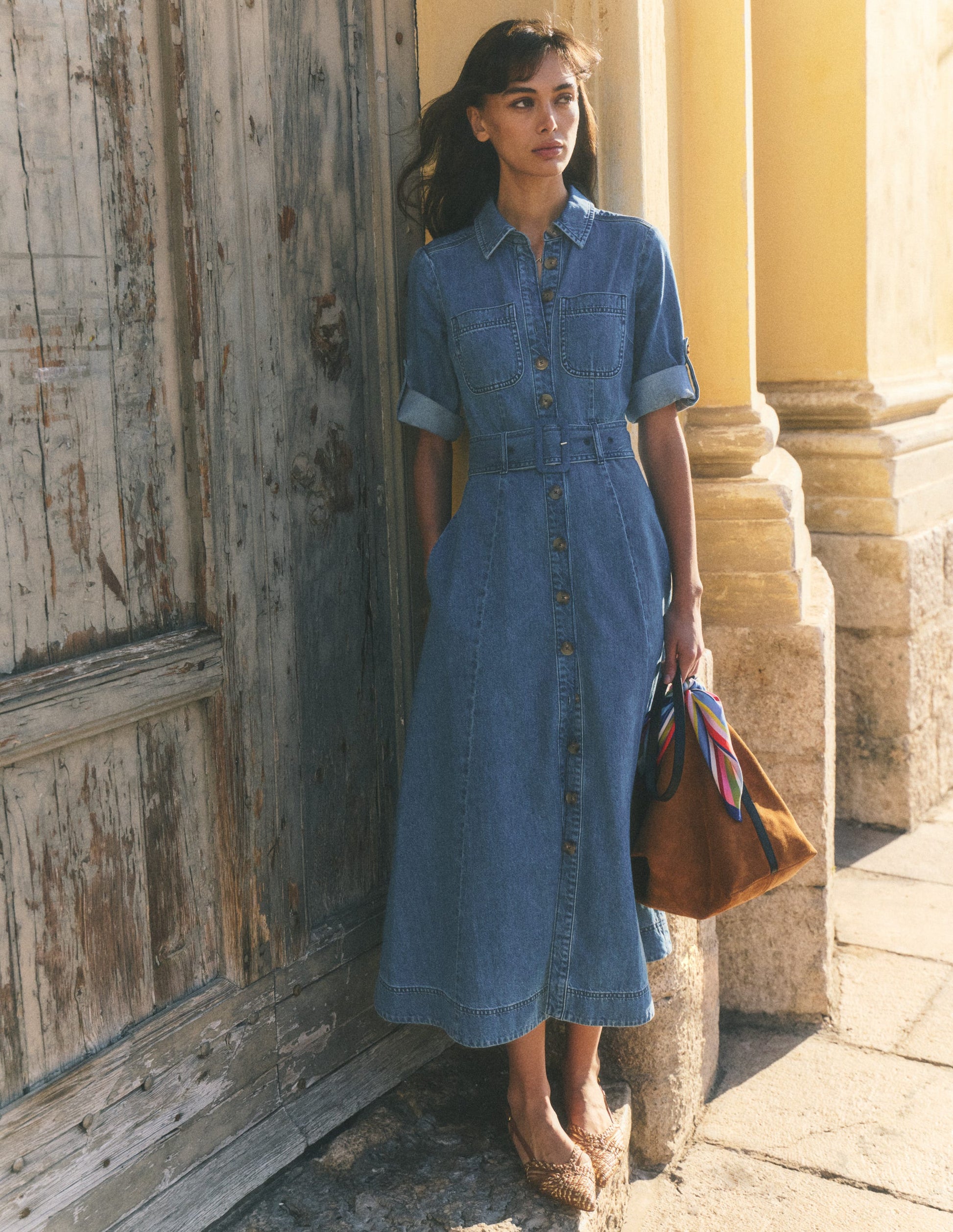Midi-Hemdblusenkleid aus Denim-Ausgeblichene Optik-4