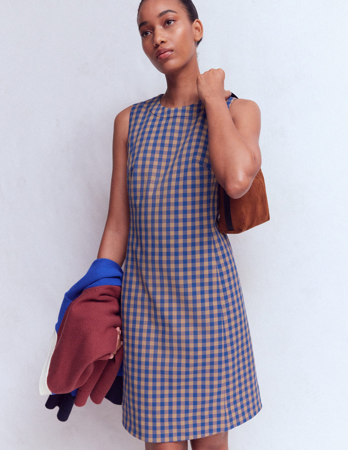 Robe droite Lou à carreaux-Vichy camel, bleu - Image 1