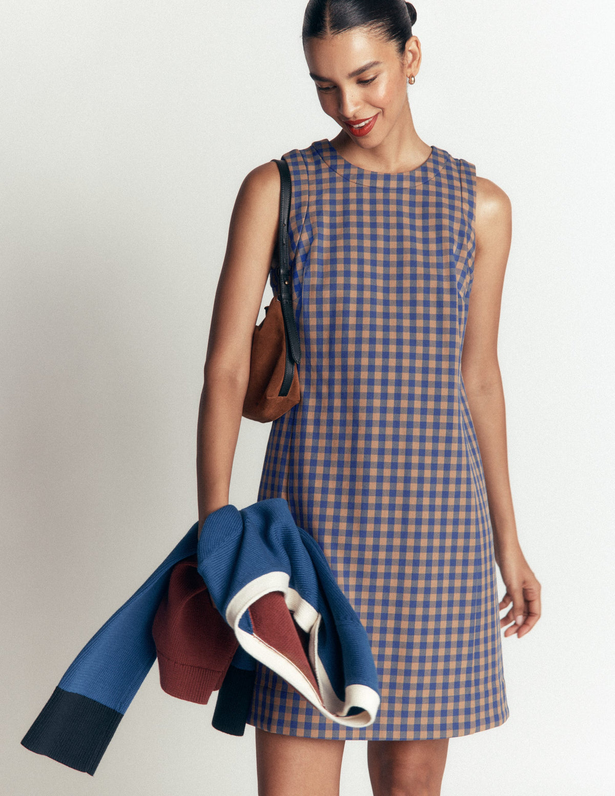 Robe droite Lou à carreaux-Vichy camel, bleu - Image 6