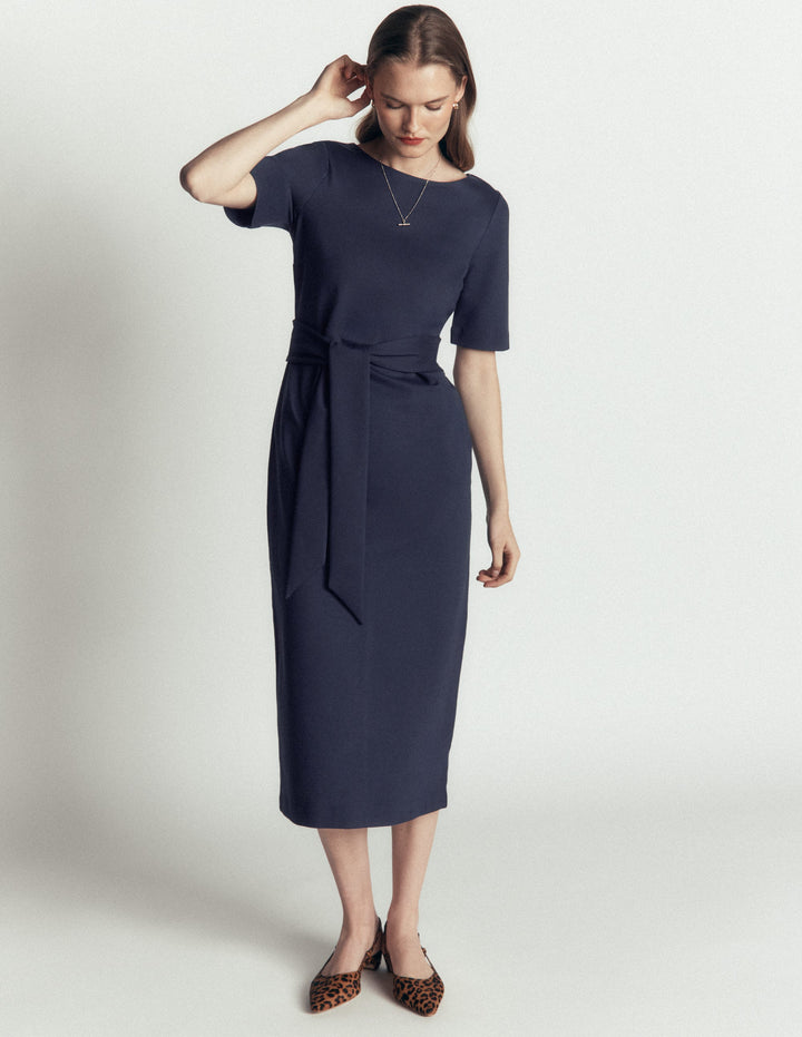 Ponte-Midikleid mit Gürtel-Marineblau