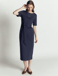 Ponte-Midikleid mit Gürtel-Marineblau