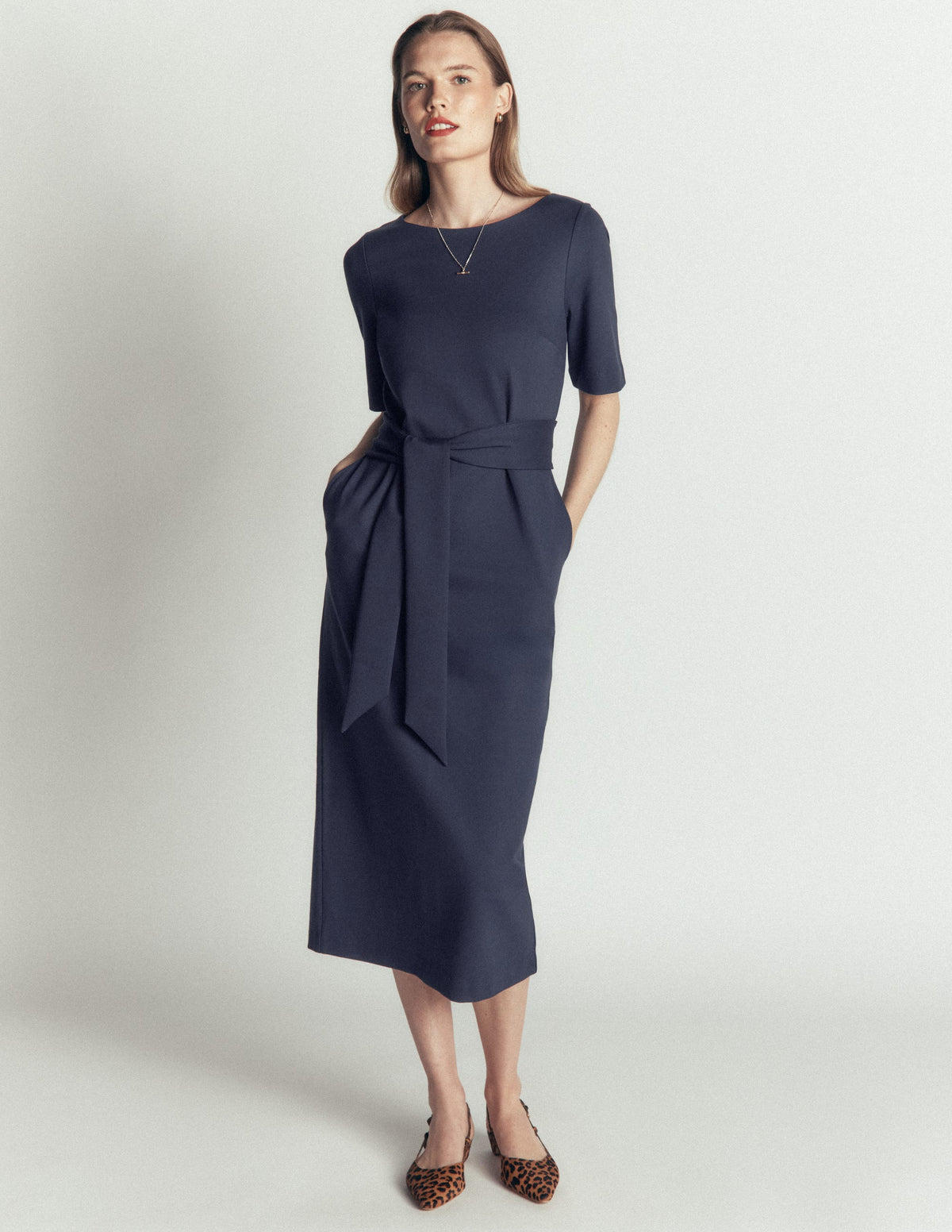 Ponte-Midikleid mit Gürtel-Marineblau-5