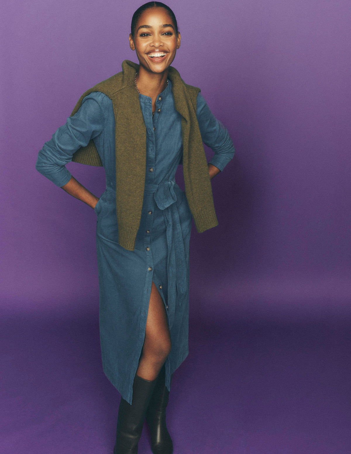 Robe-chemise midi Louise en velours côtelé-Bleu Orage - Image 1