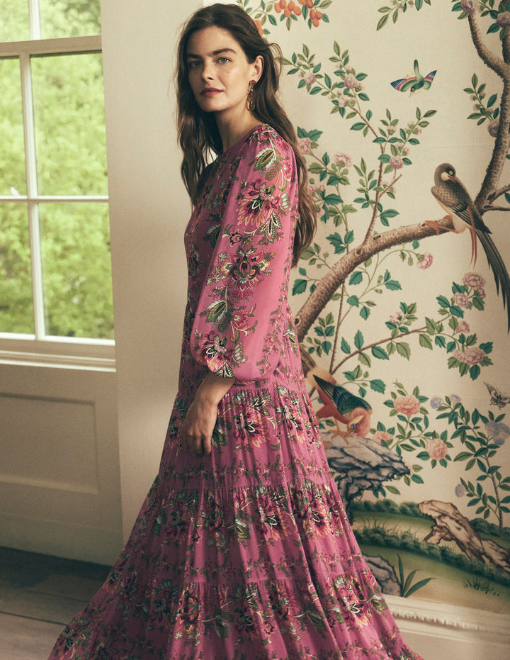 Buntes Maxikleid mit Stufen-Rosa Heidekraut, Gefrorenes Blumenmuster