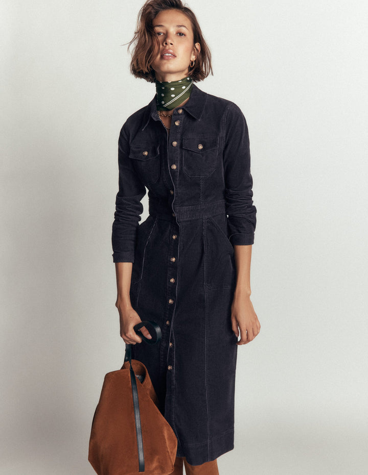 Robe midi Fleur en velours côtelé-Bleu marine