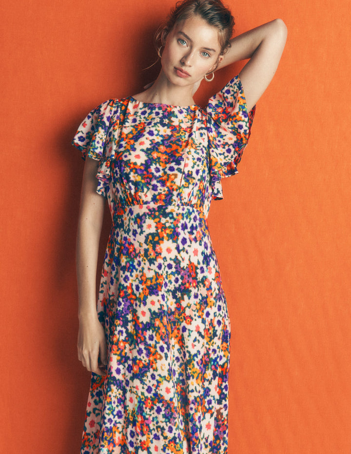 Robe de cérémonie à manches drapées-Multi, motif Flora Fusion
