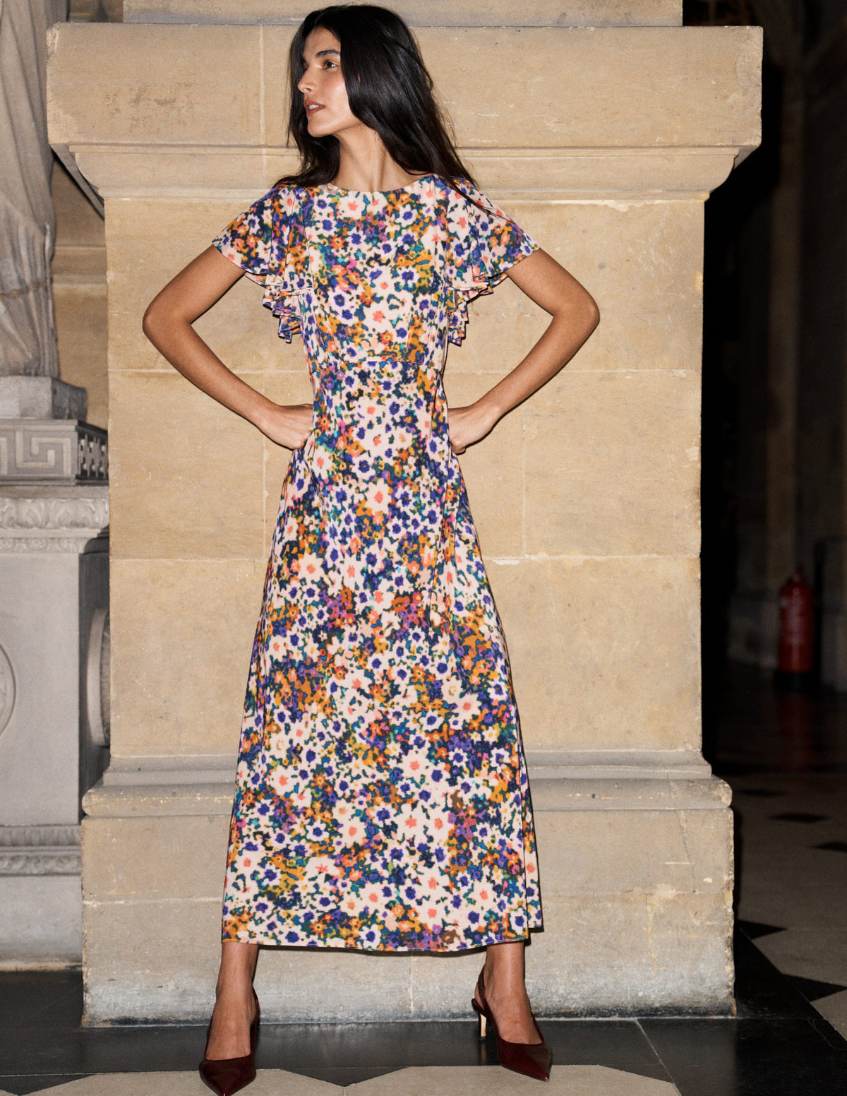 Kleid mit drapierten Ärmeln für besondere Anlässe-Bunt, Blumenmuster-Fusion-1