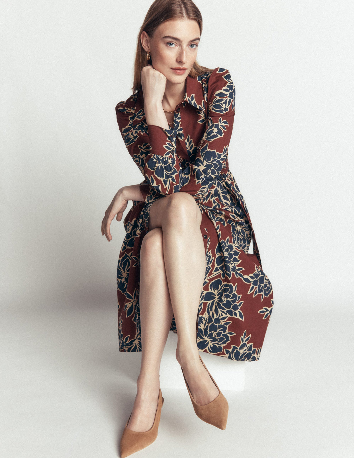 Maeve Midi-Hemdblusenkleid aus Baumwolle-Braun, Verzauberte Pfingstrose Groß-5